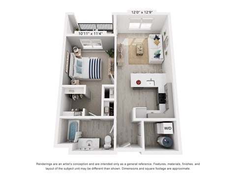 Floor plan for 1 bed, 1 bath, 682 sqft